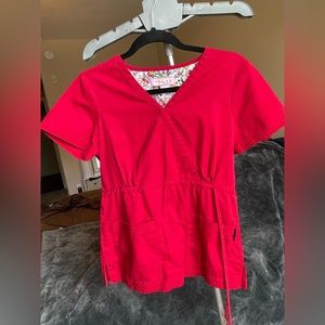 Koi red scrub shirt with cinched waist tie